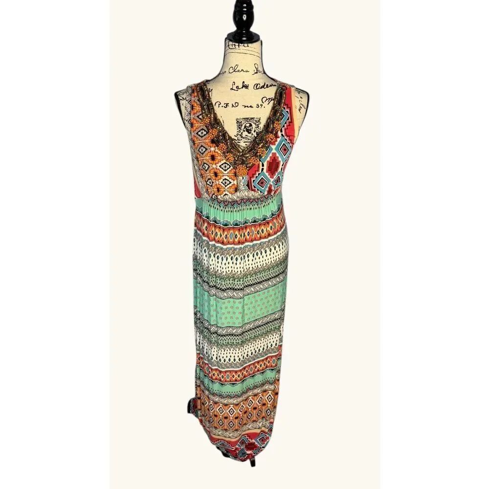 Chico's Women's Size 1 US 8/Medium Deep V Neck Beaded Maxi Length Dress BOHO